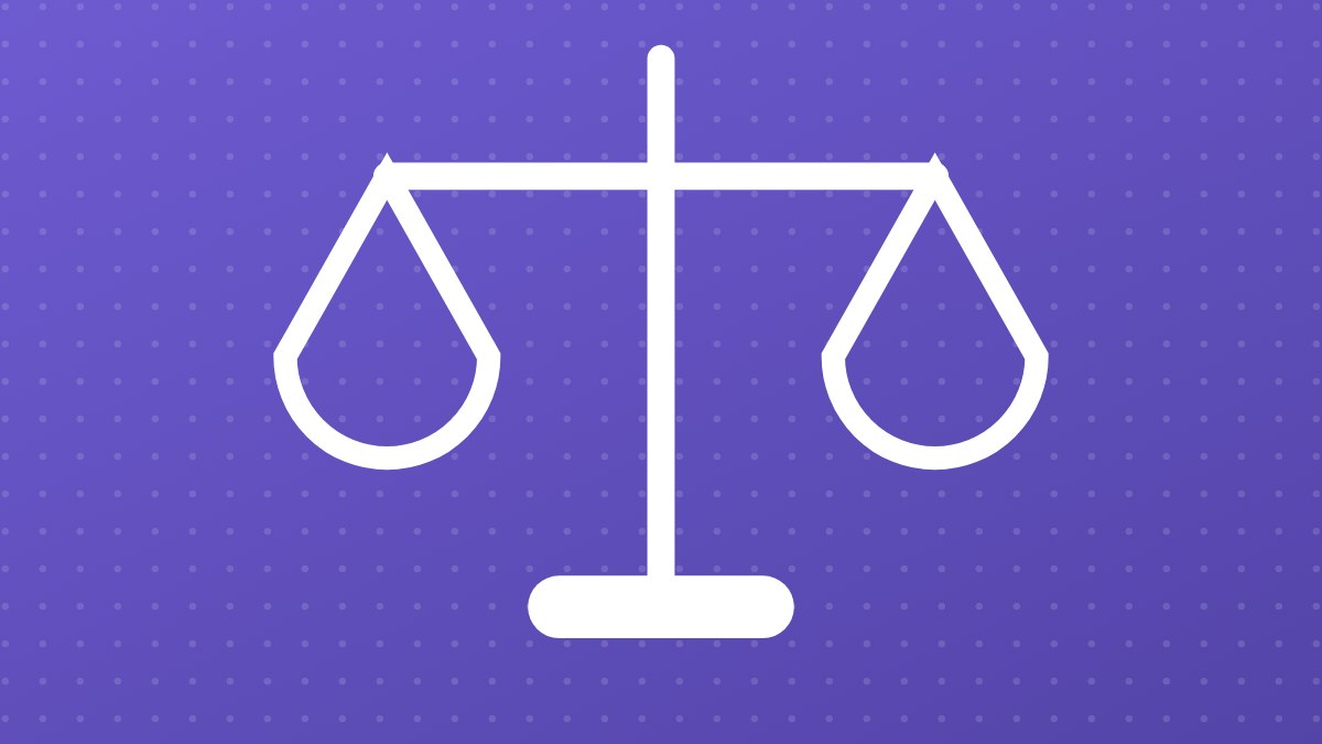 Flat purple illustration of a balance scale over a document